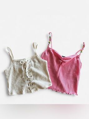 Forever 21 corset style lace up gauze summer tank top and pink pointelle beaded
